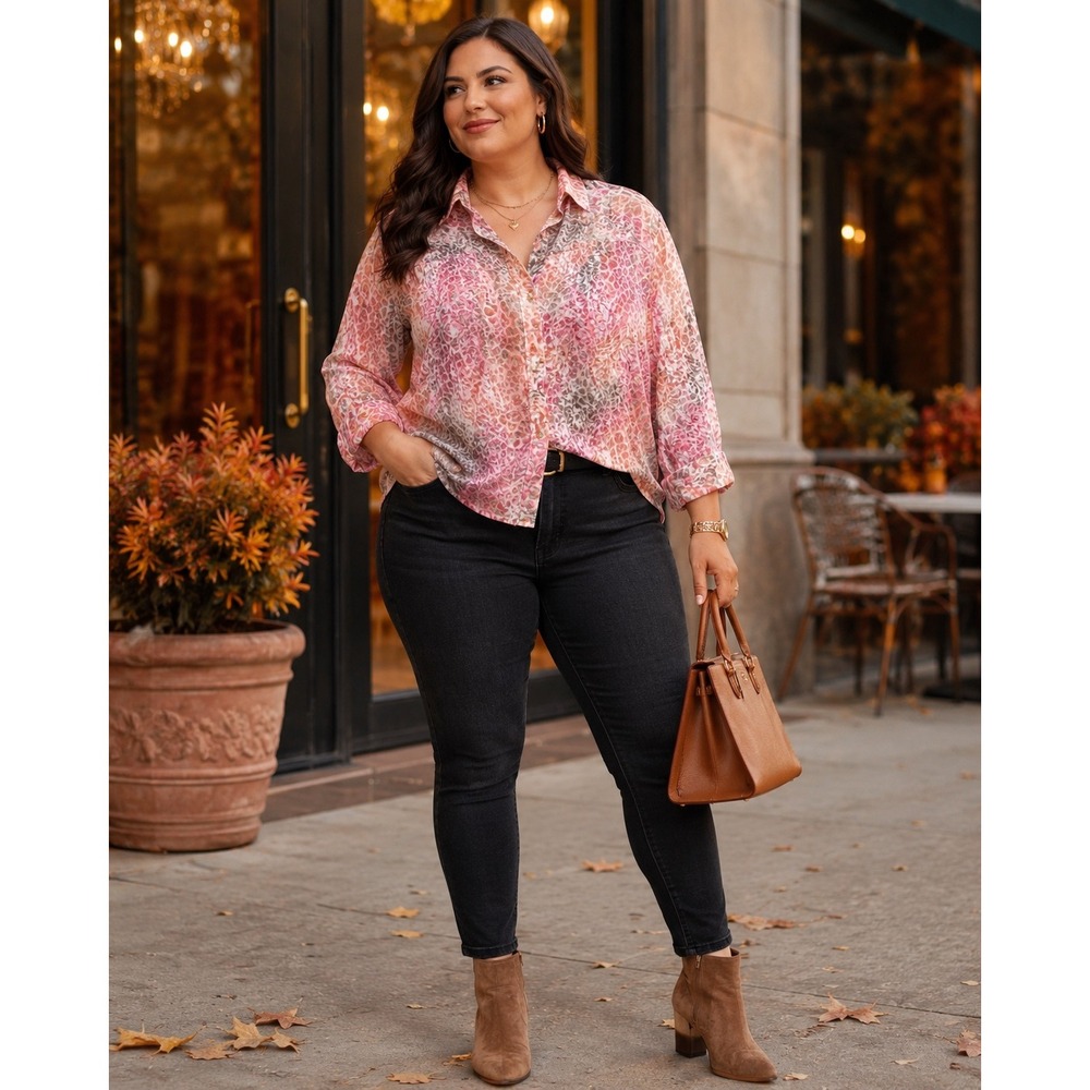 Women 24W Pink Animal Print Blouse 3/4 Sleeve Button Front Plus Size Workwear